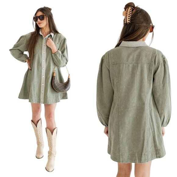 Army Green Washed Denim Button Front Mini Dress Sz S Puff Military Gorpcore - Picture 1 of 15